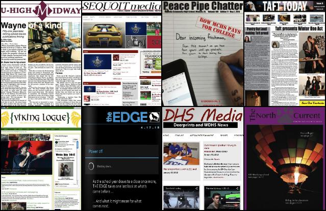 This collage displays just a few of the 126 Illinois student publications and media sites that you'll find in IJEA's new gallery of links. Top row from left: University of Chicago Laboratory High School's U-High Midway; Antioch High's Sequoit Media; Minooka High's Peace Pipe Chatter; Taft High's Taft Today. Bottom row from left: Fremd High's Viking Logue; Oswego East High's The Edge; Deerfield High's DHS Media; Glenbard North High's North Current. 