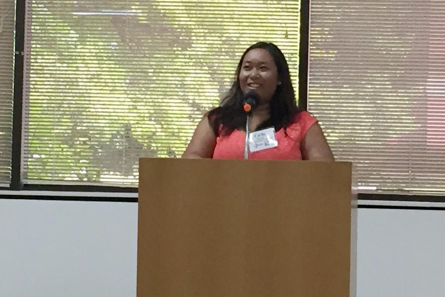 Carla Jimenez of The State Journal-Register discusses her philosophy of WWQLD? while addressing the honorees Saturday at IJEAs annual year-end awards luncheon in Springfield. 