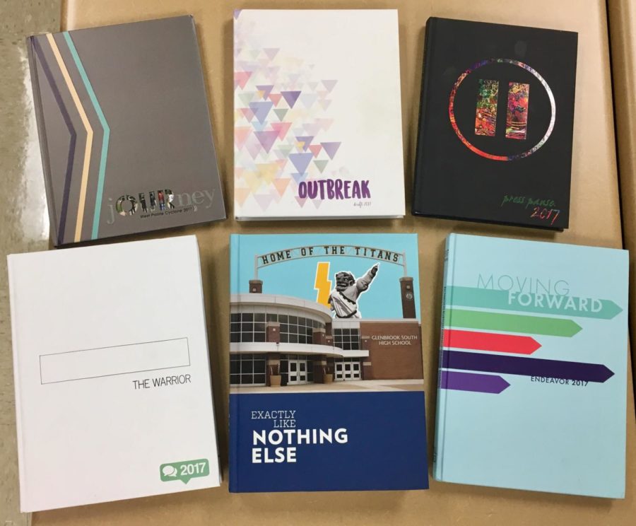 The 2017 IJEA Yearbook Contest General Excellence Winners (top to bottom; left to right): West Prairie High School (Division 1), Taylorville High School (Division 4), Meridian High School (Division 2), McHenry High School (Division 5), Glenbrook South High School (Division 6), Richmond-Burton High School (Division 3)