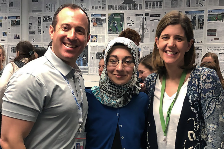 IJOY WINNER: State Director Brenda Field recently visited Prospect High School senior Ayse Eldes in her journalism classroom to deliver the good news that she had been selected as IJEAs 2019 Illinois Journalist of the Year. From left: Prospect journalism teacher and adviser Jason Block, 2019 IJOY Ayse Eldes and Brenda Field. (Photo courtesy of Jason Block)